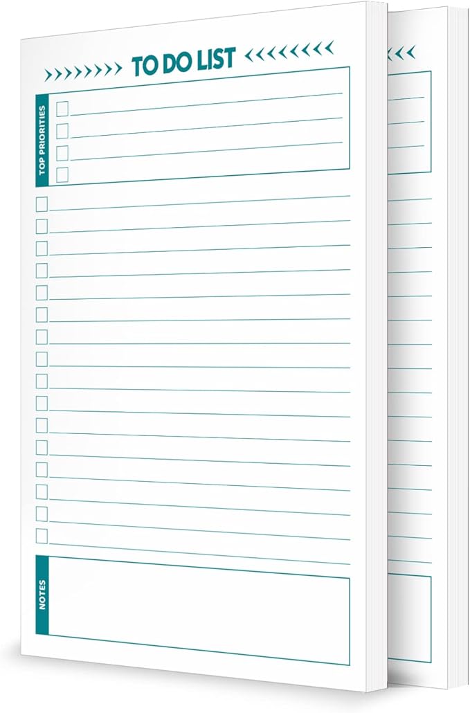 To Do List Notepad – 2 Pads of 50 Sheets, Total of 100 sheets (5.5 x 8.5) Ruled Planning Checklist Memo Pad for Daily Tasks, Priority & Notes field for Efficacy. Jot Down – Purchases, Appointments,