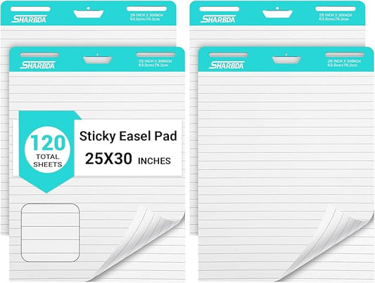 SHARBDA Lined Sticky Easel Pad, 25 * 30 inch,Self-Stick Flip Chart Paper, Super Adhesive & Bleed-Resistant,Micro-Perforated Tear,Classroom Teacher Office Presentation Pads,4 Pads/Pack,120Sheets