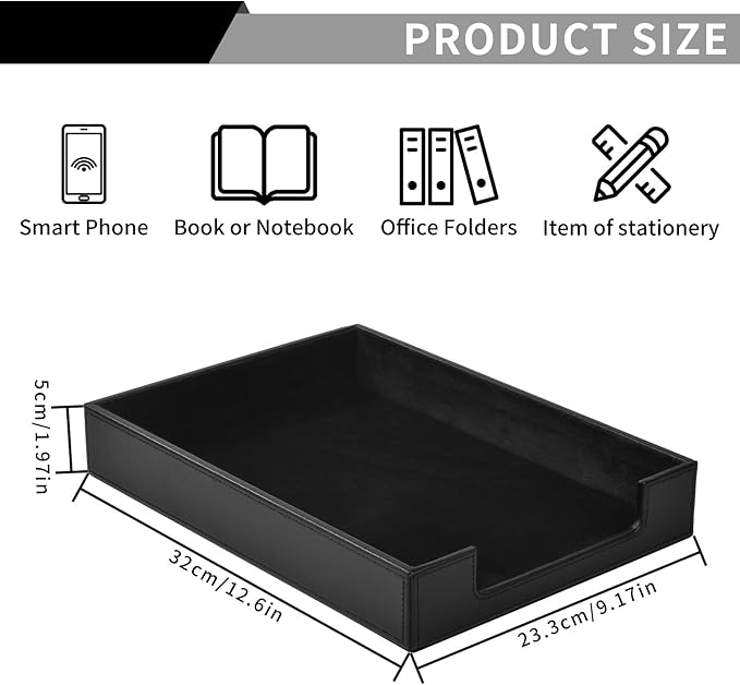 RHCSZ PU Leather Letter Tray - Load Documents Trays Front for Office Desktop Organizer - Desk Magazine, File, A4 Paper Holder - Paper Document File Holder (Black, A4-Tray)