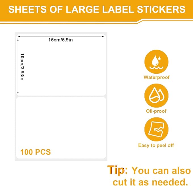 100 Pcs Labels for Storage Bins, 6 x 4 inch Large Label Stickers with 1 Double-ended Marker, Pen Removable Labels Adhesive Moving Labels Blank Labels Tear Resistant No Residue for School Business Home