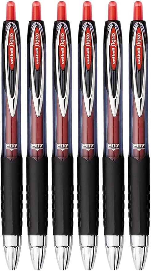 Advantage Gifts Signo 207 Roller Ball Retractable Gel Pens, Medium Point (0.7mm), Red Ink, 6 Count, Bundle with Plastic Reusable Pouch