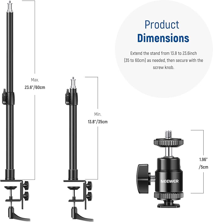 NEEWER Camera Desk Mount with C Clamp, 2 Pack 13.8"-23.6" Adjustable Desktop Light Stands with 1/4" Ball Heads Cold Shoe Adapters Long Handles for Webcam DSLR Camera Monitor Ring Light, Max Load 5kg