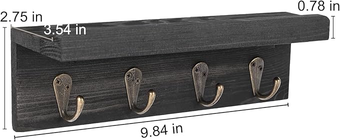 HRONRAD Rustic Key Holder for Wall, Farmhouse Wall Shelf with 4 Hooks, Wall Mounted Key Racks, Wooden Mail Organizer with Hooks for Entryway (Black - Pine)