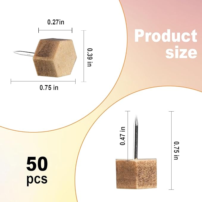 Decorative Push Pins,Wooden Push Pins for Cork Board,Thumb Tacks for Cork Board Hexagon (50)