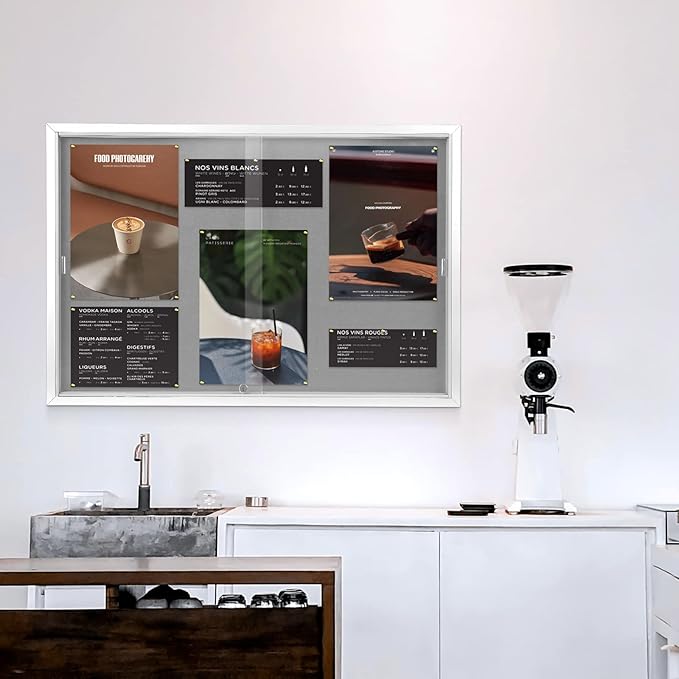 SWANCROWN Glass Enclosed Bulletin Board 48"x32", Locking Message Board with Sliding Glass Doors for Indoor Use, Grey Fabric