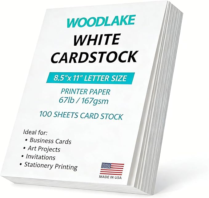 Woodlake White Cardstock Paper, 67lb/167gsm Index Card stock, Multi-Purpose paper, 8.5" x 11" Letter Size, 100 Sheets Computer Paper, Made in USA