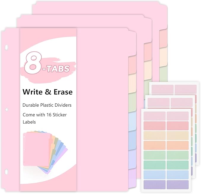 SKYDUE Durable Plastic 8-Tab Dividers, 3sets, Big Tab Dividers for 3 Ring Binder, Write&Erase 3 Ring Binder Dividers with Tabs,with Sticker Labels, Pink