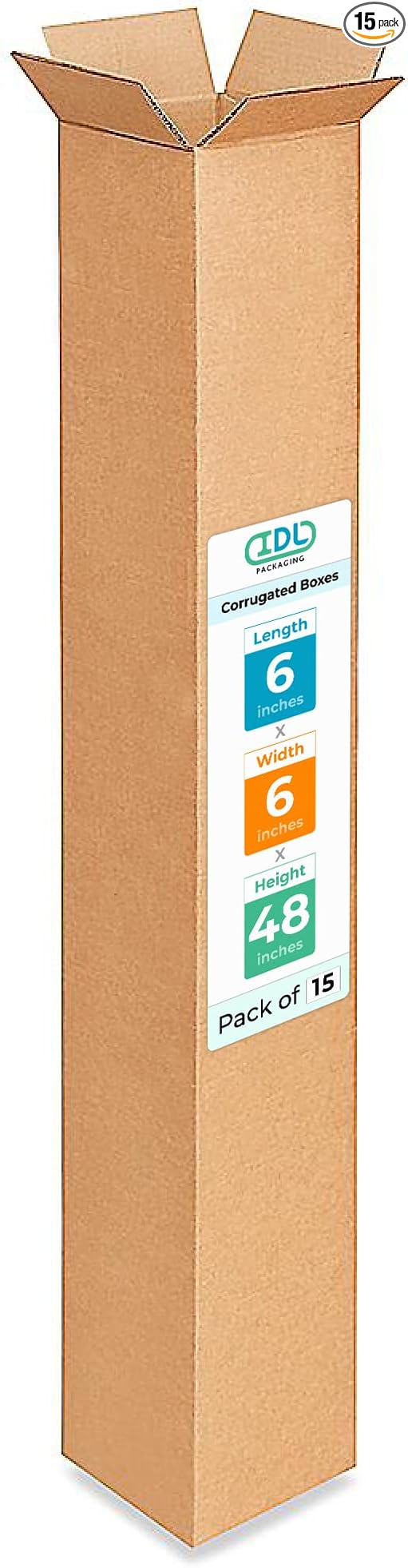 Tall Moving & Shipping Boxes 6"L x 6"W x 48"H (15-Pack) - Extra Strength 200 lb vs Regular - Corrugated Packing Boxes, Made in USA - Cardboard Moving Box - Durable Shipping Box by IDL Packaging
