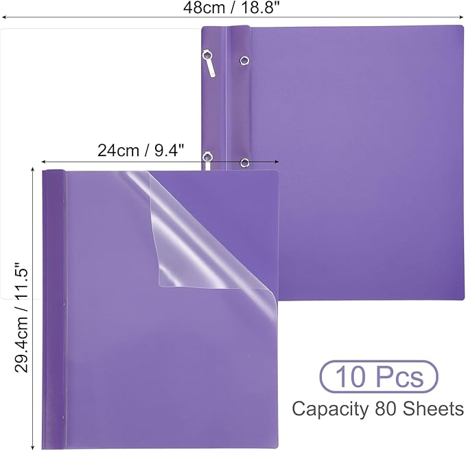 PATIKIL Plastic Report Covers with Prong, 10 Pcs 80 Sheet Clear Front Presentation Binders with 3 Metal Prong Fasteners Report Folder for Resume Documents Files Letter, Purple