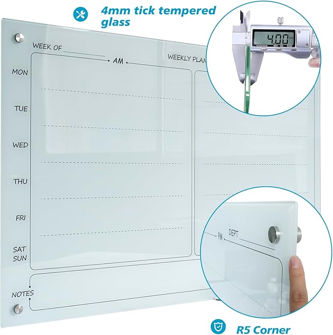 Magnetic Planner Writeboard 24"X36" Weekly Glass Calendar White Glassboard Premium Tempered Dry Erase Boards Frameless Wall Mounted (White)