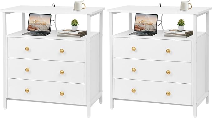 Edbuosy 3 Wooden Drawers Nightstand, 27 Inch Wide Night Stand Set 2 with Charging Station and Adjustable Drawers, Small Dresser for Closet, Bedside Table for Living Room/Bedroom/Office, White.