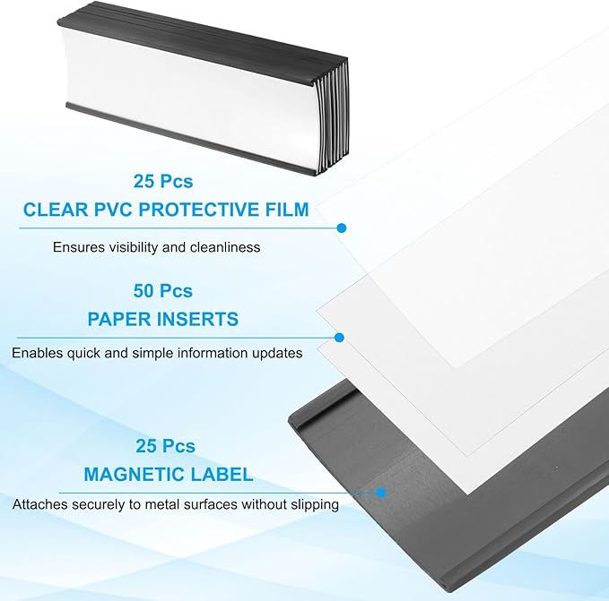 PATIKIL Magnetic Label Holder 6" x 2" with Paper Inserts, 25 Pcs C Channel Magnetic File Cabinet Labels Shelf Data Card Holder Signs for Metal Racks Shelves Whiteboard Tool Box