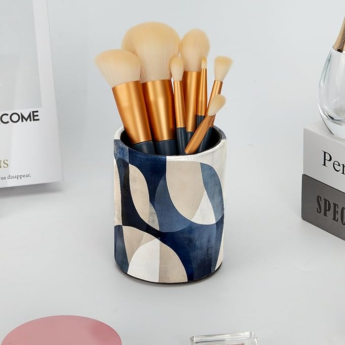 Leather Pen Holder for Desk, Abstract Geometric Blue Brown Print Pencil Cup Desktop Organizer Makeup Brush Holders Office Supplies for Home, Kids & School