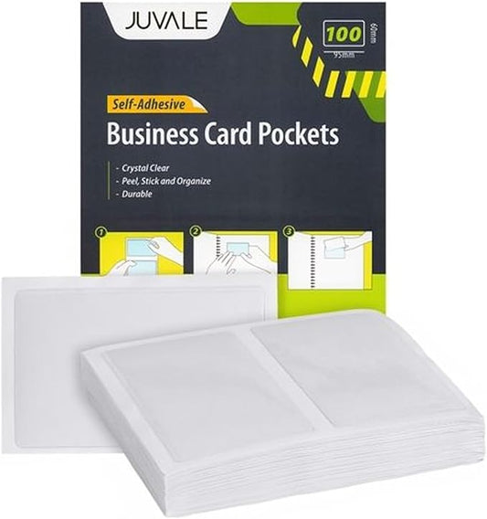 Juvale 100-Pack Clear Business Card Pockets - 3.54 x 2 in Vinyl Top-Load - Peel & Stick Adhesive Pockets for Library Cards & ID Badges - Bulk Set for Storage & Organization