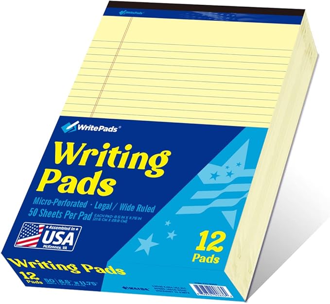 WritePads Legal note pads 8.5"x11" Legal Pads,Wide Ruled,Canary Paper,12 Pack,50 Sheets Per Writing Pad,Micro perforated Writing Pad,BL-MCY50W-12PAD