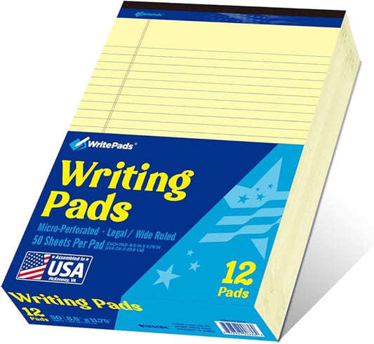 WritePads Legal note pads 8.5"x11" Legal Pads,Wide Ruled,Canary Paper,12 Pack,50 Sheets Per Writing Pad,Micro perforated Writing Pad,BL-MCY50W-12PAD