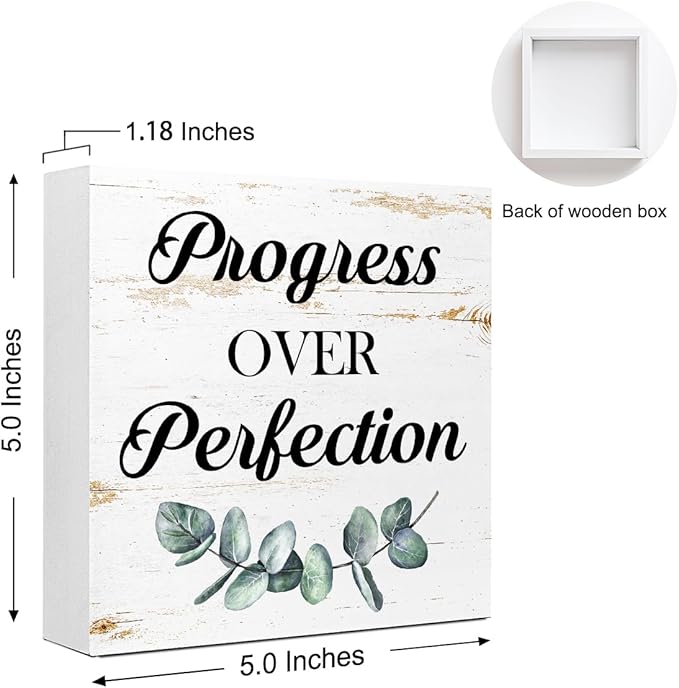 WUZYOU Inspirational Wood Box Sign - Progress Over Perfection Motivational Quote - 5x5x1 Inch Wooden Plaque - Positive Wall Decor for Home & Office - Desk Display