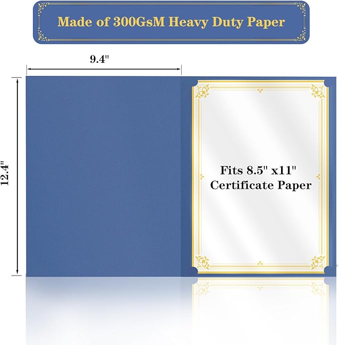 15 Pcs Certificate Holders 8.5 x 11 Additional 15 Pcs Plastic Film, Diploma Covers Gold Foil Border Certificate Holder for Letter Size 8.5x11 Cardstock,Certificates,Document Papers (Blue, 15 Sets)