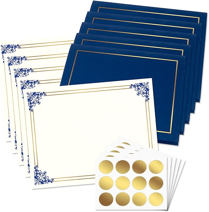 Empire Blue & Gold Award Certificate Collection - Includes 25 Certificate Papers (White/Blue), 25 Heavy Linen Folders (Blue/Gold), 36 Gold Foil Seals, Laser & Inkjet Printer Compatible