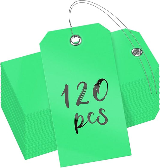 Uniclife 120 Pcs Green Plastic Tags for Labeling 4.7"x 2.36" Plastic Shipping Tag with Wire Writable Waterproof Tag Price Tags with Reinforced Eyelet Blank Hang Label for Luggage