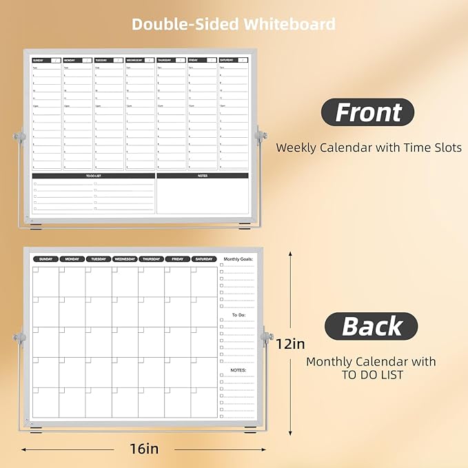 Planning Boards,White Board Dry Erase Calendar with Stand,Double-Sided Weekly Calendar Schedule Board with Time Slots&Monthly Planner with to DO List for Desk and Wall 16"×12"(1 Pack)