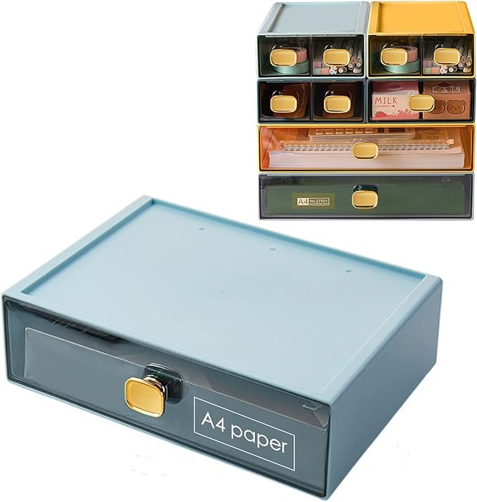 DETEIN Stackable Desk Organizer Drawer 13"Wx9"Lx3.3"H Large Desktop Storage Drawers for Printer Paper Clear Stacking Storage Organizer Box for Office, Home, Stationery, Bathroom (Blue, L)