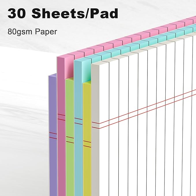 AILZFEI Colored Legal Pads 8.5 x 11 Wide Ruled, Note Pads Sturdy Back Writing Pads 30 Sheets/Pad, 20lb Colored Paper, Perforated Notepad with Sturdy Back (6 Pads)