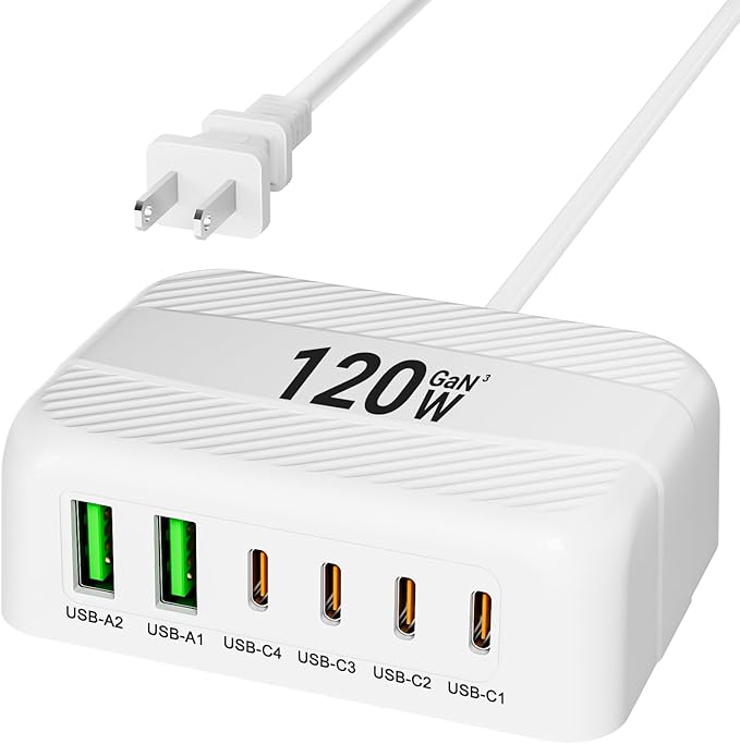 USB C Charger Block, 120W 6 Port USB Charging Station,Multiports with 4 USB C and 2 QC USB A,Portable PD Fast Wall Charger for iPhone16/15/14/13/12/11 Pro Max,iPad,iWatch,Pixel Samsung Galaxy