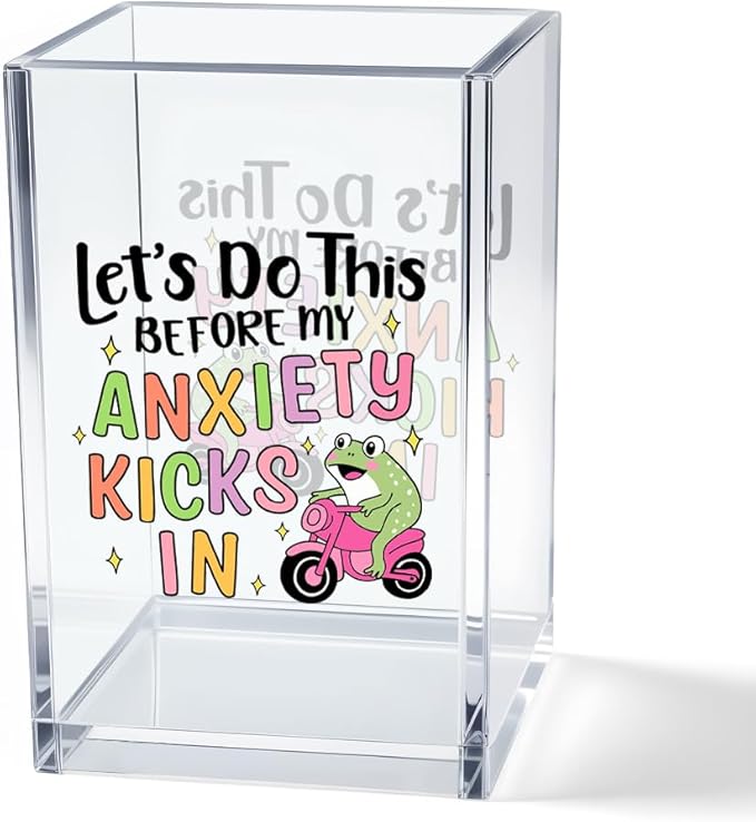 Vgrti Let’s Do This Before My Anxiety Kicks in Acrylic Cosmetic Pencil Pen Holder Cup, Funny Frog Desk Organizer for Office Decor, Frog Lover Gifts Sarcastic Work Gifts for Women Men Coworker Employee