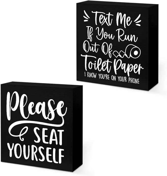 2 PCs Funny Bathroom Decor, Humor Bathroom Decorations Bathroom Accessories, Rustic Farmhouse Bathroom Black Wooden Box Sign, Toilet Restroom Washroom Home Shelf Desk Decor Wooden Block Plaques Signs