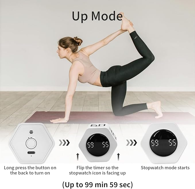 LUCKY TIME Productivity Timer Flip Gravity Sensor Pomodoro Cube Timer Countdown & Countup,1/5/10/30/60min Preset & Custom Timing, Mute/Vibrate/Sound for ADHD,Work,Study,Kitchen(1, White Hexagon)