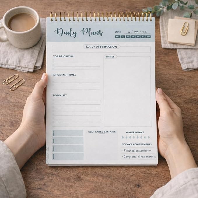 Spiral Daily Planner Agenda Notepad -100 Undated Tear-Off Sheets -Desk Notepad, Motivational Calendar, Organizer, Productivity Tracker, Organizing Goals, Task Planner, Ideas, Notes, to Do List 8.5x11