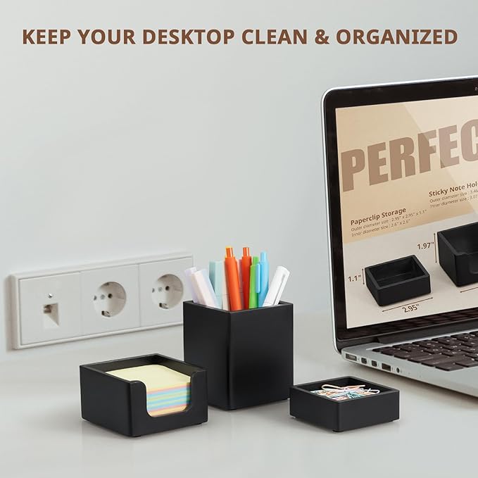 CMLKLZD Black Desk Organizer Set of 3 - Wood Office Desk Accessories - Desk Organizers and Accessories for Women Men - Set incl. Pencil Pen Holder, Paperclip Storage and Sticky Note Holder
