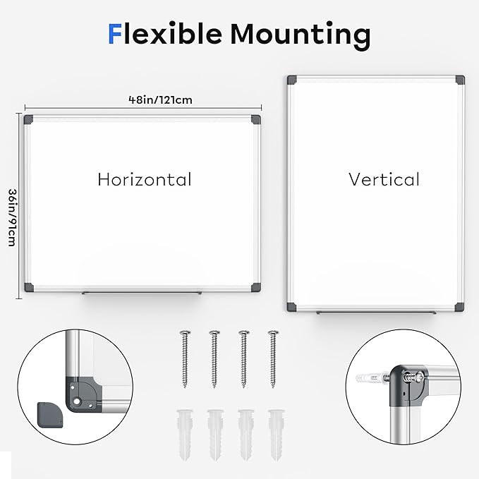 VUSIGN Magnetic Whiteboard 48" x 36", Large Dry Erase Board for Wall with Silver Frame, Wall-Mounted White Board for Office, Classroom & Home, Includes Markers, Magnets and Eraser
