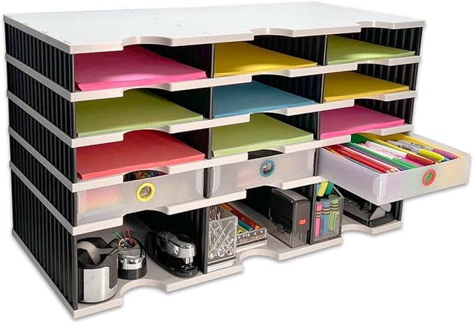 Desktop Organizer 12 Letter Tray Sorter Plus Riser Storage Base & 3 Supply Drawers - Ultimate Office TierDrop Desktop Organizer Stores All of Your Documents & Supplies in One Compact Modular System