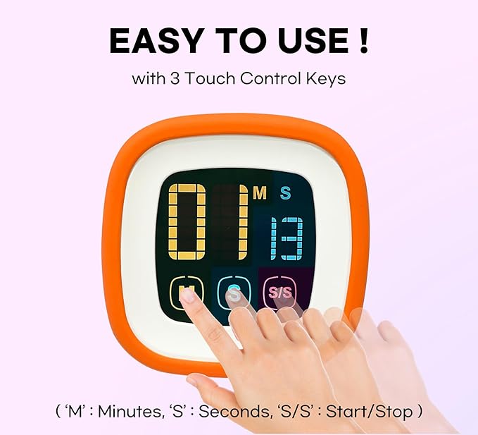 CREAVIVA Digital Kitchen Timer, Countdown, Countup, Protective Rubber case, Large Display with Color Bold Digits, Touch Control, Backlit, Magnetic Kickstand, Loud Alarm, Auto Memory (Orange)