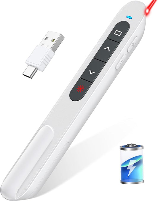 Rechargeable Presentation Clicker USB C Wireless Presenter Remote with Volume Control, RF 2.4GHz White Computer Presentation Remote PowerPoint Clicker Slide Advancer for Teachers Office (White