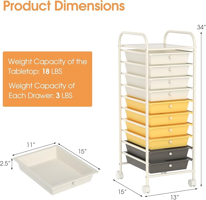 GLACER 10 Drawers Rolling Cart, Storage Cart with w/Removable Drawers & Steel Frame, Utility Mobile Trolley w/Universal Casters & 2 Brakes, Organizer Cart for Home, School, Office (Yellow)