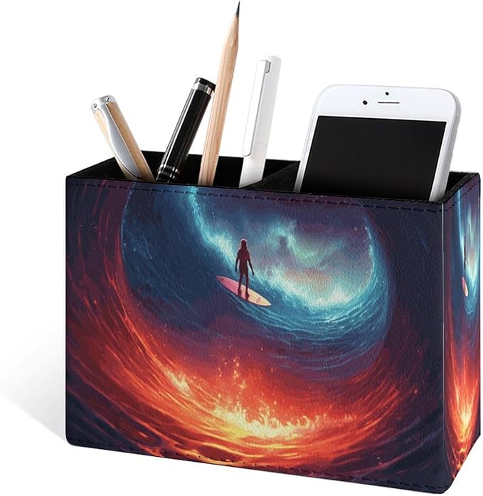 Famame Astronaut Surfing Space Wave Pencil Holder for Desk, Leather Desktop Container Pen Cup Storage Study Table Pen Organizer Makeup Brush Holder for Classroom Office Home