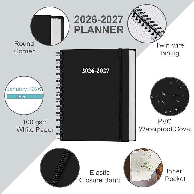 2026-2027 Planner - 18 Months Weekly & Monthly Planner from January 2026 - June 2027, Spiral Planners 2026-2027 with Elastic Closure, Inner Pocket, Medium 8.5" x 11", Black