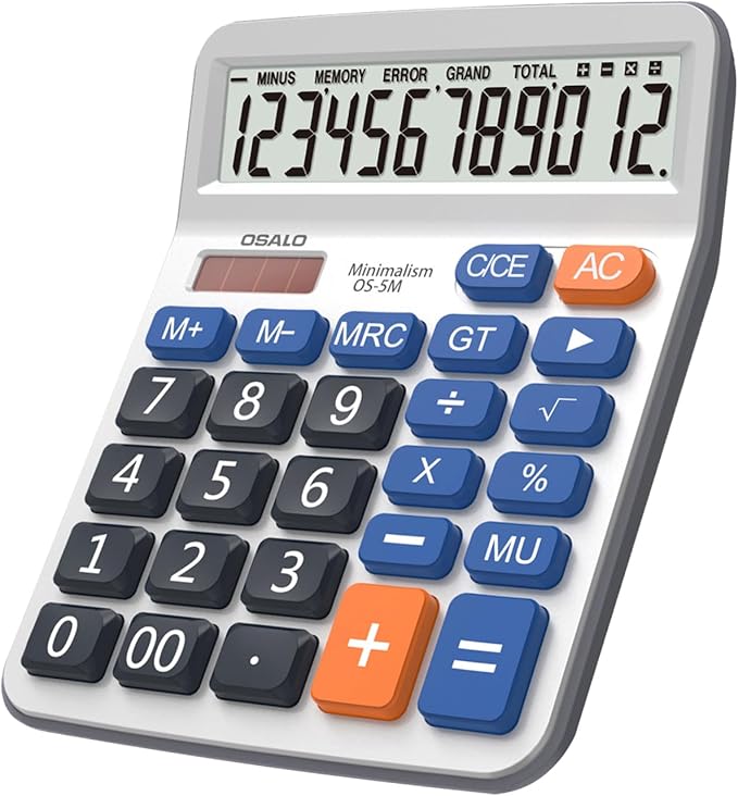 Desktop Calculator Extra Large 5-Inch Clear LCD Display 12-Digit Big Number Button Office Calculator with Auto Sleep Function (OS-5M)