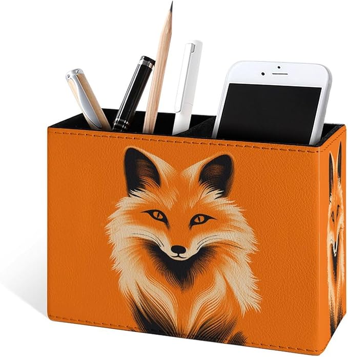 Famame Fox Orange Face Pencil Holder for Desk, Leather Desktop Container Pen Cup Storage Study Table Pen Organizer Makeup Brush Holder for Classroom Office Home