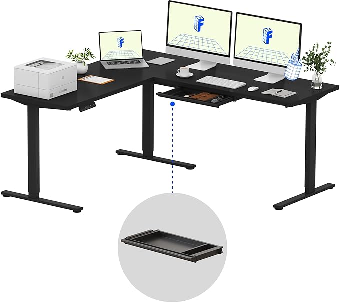 FLEXISPOT L Shaped Standing Desk, 71 x 63 Inch Electric Height Adjustable Corner Desk, Sit Stand Computer Workstation, Preset Controller, Home Office, Black Frame with Black Top, Black Drawer