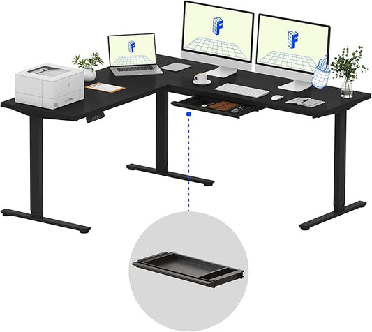 FLEXISPOT L Shaped Standing Desk, 71 x 63 Inch Electric Height Adjustable Corner Desk, Sit Stand Computer Workstation, Preset Controller, Home Office, Black Frame with Black Top, Black Drawer