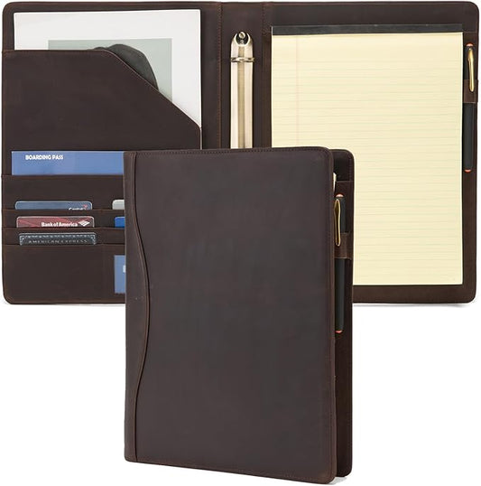 Geslun Genuine Leather 3 Ring Binder, 8.5 x 11 Letter Size Folio with Pen Holder, Soft Notebook Portfolio Cover, Slim Notepad Padfolio Thin File Organizer for Work Executive Meeting, Dark Brown