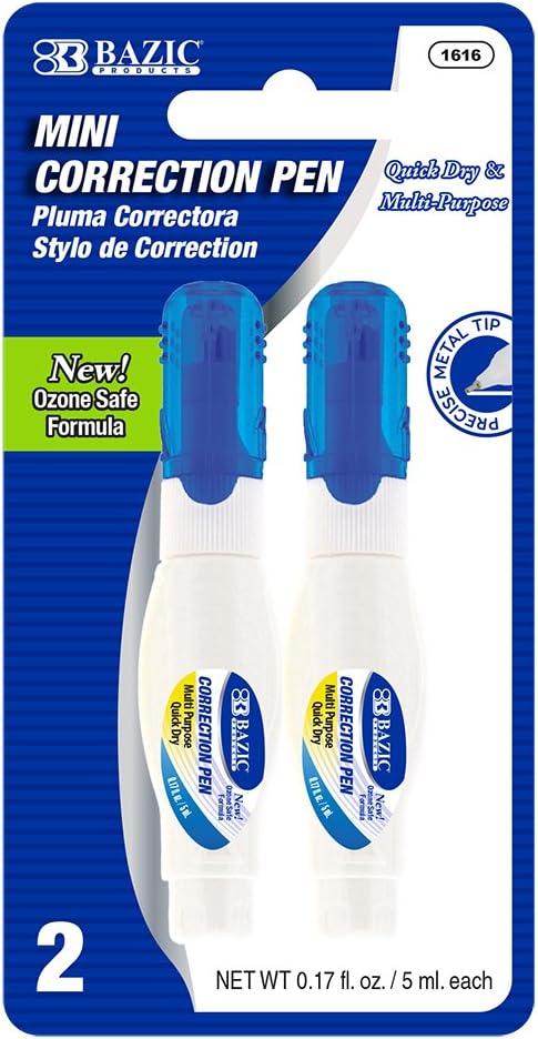 BAZIC Products Correction Pen – Corrections Fluid, Precise Metal Tip White Out, Ideal for School & Office Supplies, Alternative to Correction Solution, 2/Pack, 24-Packs