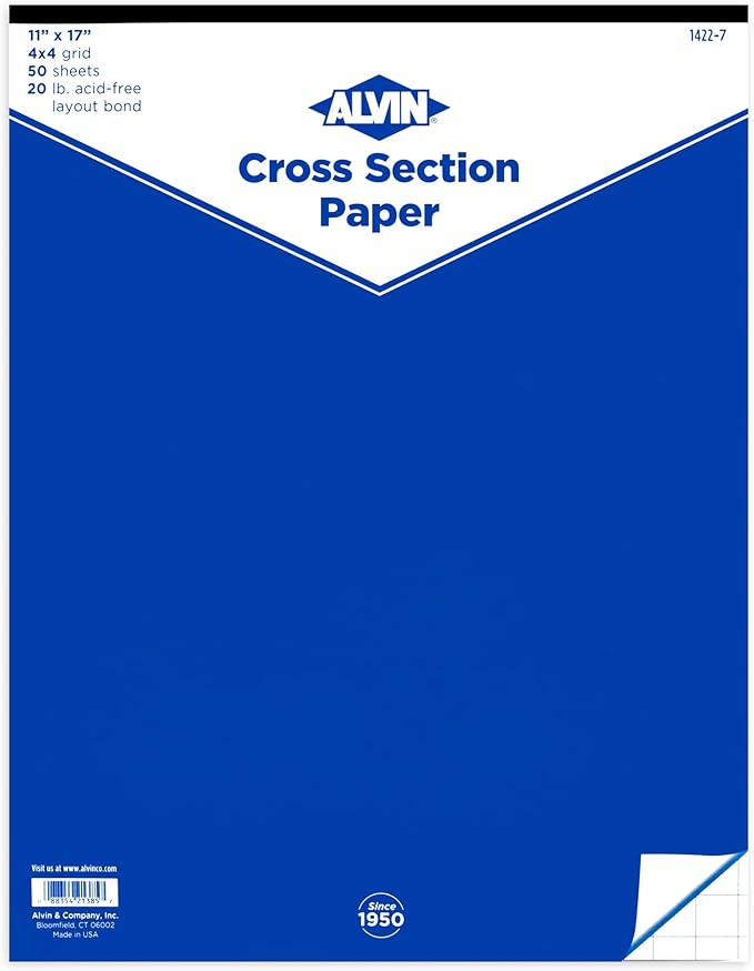 Alvin, Cross Section Paper Pad, Acid-Free, Use with Pencil or Ink, Laser, Copier, and Inkjet Compatible, 4" x 4" Grid - 50 Sheet Pad, 11" x 17"