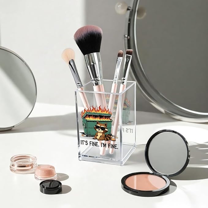 Vgrti It's Fine I'm Fine Acrylic Cosmetic Pencil Pen Holder Cup, Funny Raccoon Dumpster Fire Pen Holder Cup, Raccoon Lover Gifts for Women Men, Office Sarcastic Gifts for Women Men Colleague Boss
