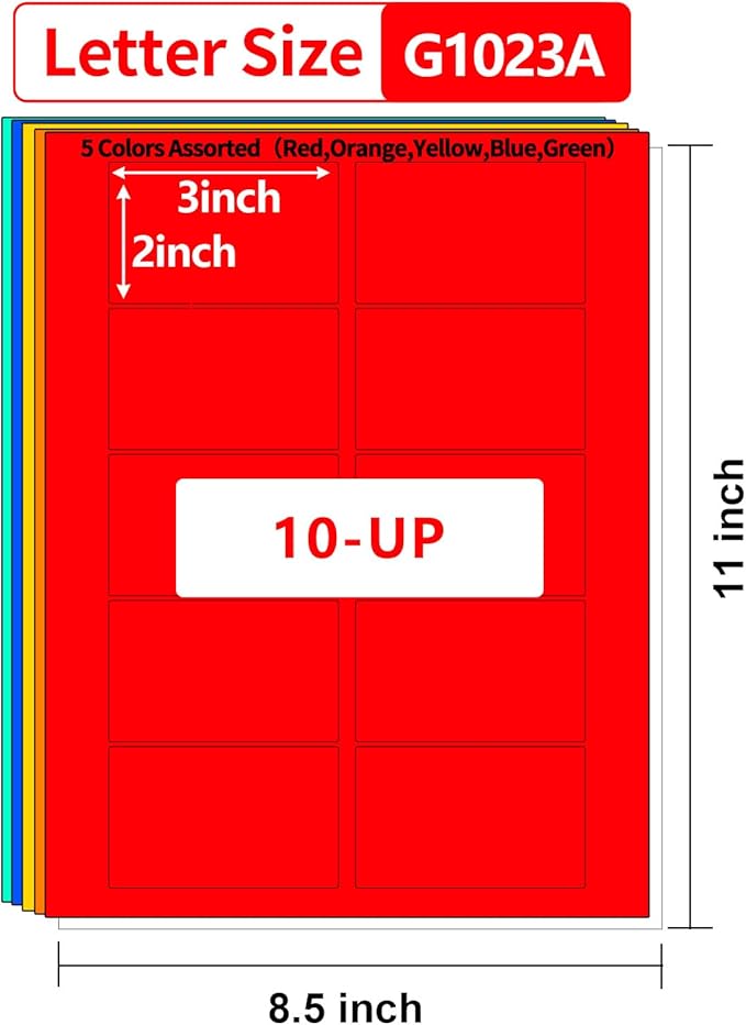 Gemsroyal Colored Labels Printable 2"×3",Neon Moving Label Stickers for Printer,Color Coding Labels 3×2 inch,5 Colors Assorted(Red,Orange,Yellow,Blue,Green),250 Colorful Labels Pack ﻿