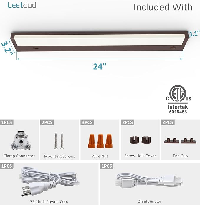 Leetdud LED Under Cabinet Lighting Hardwired or Plug in, 24 Inch 12W, Dimmable 5 Color 2700K/3000K/3500K/4000K/5000K, Linkable Eyes Care Design Counter Lights for Kitchen, Sink, ETL Listed, Bronze